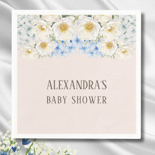 White Floral Blue Hydrangea Garden Baby Shower Napkin