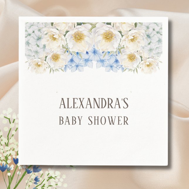 White Floral Blue Hydrangea Garden Baby Shower Napkin (Creator Uploaded)