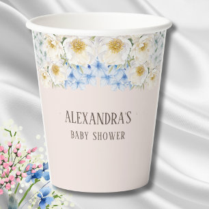 White Floral Blue Hydrangea Garden Baby Shower Paper Cups