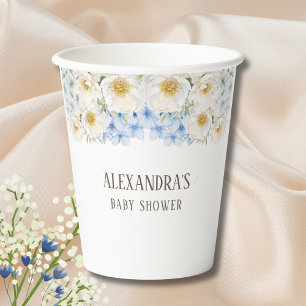 White Floral Blue Hydrangea Garden Baby Shower Paper Cups