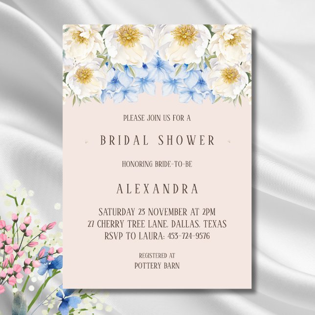 White Floral Blue Hydrangea Garden Bridal Shower Invitation (Creator Uploaded)