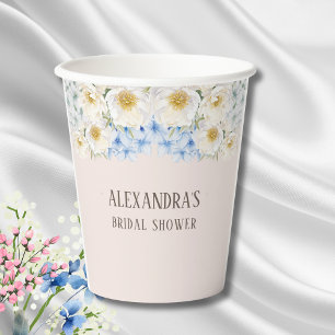 White Floral Blue Hydrangea Garden Bridal Shower Paper Cups