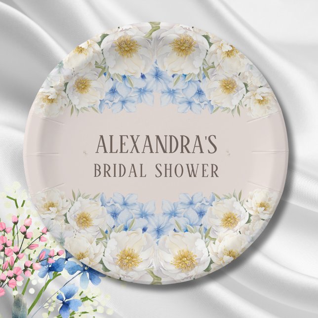 White Floral Blue Hydrangea Garden Bridal Shower Paper Plate (Creator Uploaded)