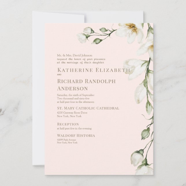 White Floral Blush & Gold Wedding Invitation (Front)