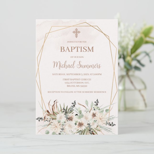 White floral Boho Baptism Invitation (Standing Front)