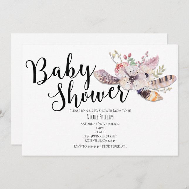 White Floral Boho Chic Baby Shower Invitations (Front/Back)