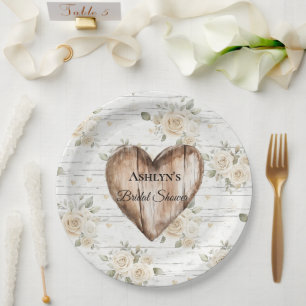 White Floral Boho Faux Wood Heart Bridal Shower Paper Plate