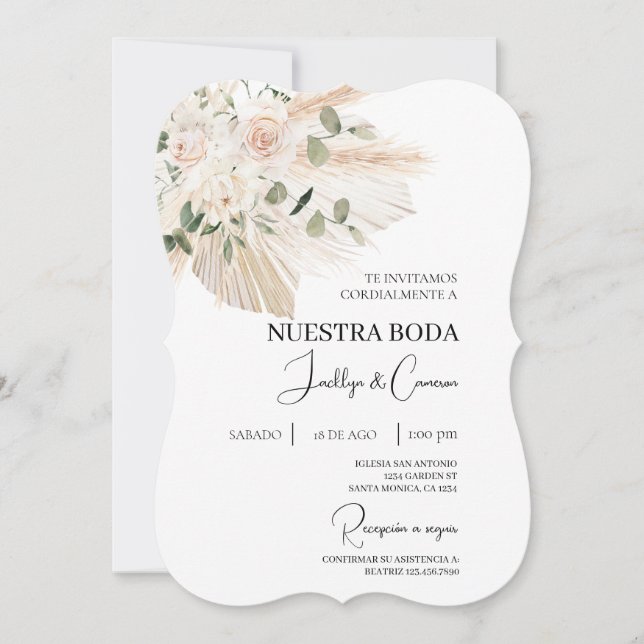 White Floral Boho Spanish Wedding Invitation (Front)
