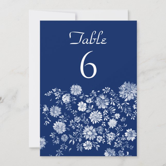 White Floral Border blue Wedding Table Number Card (Front)