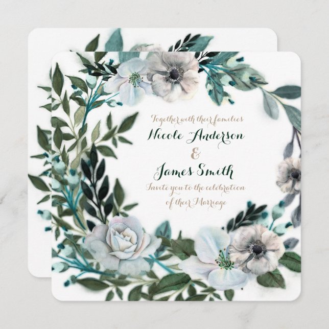 White Floral Botanical Greenery Wreath Wedding Invitation (Front/Back)