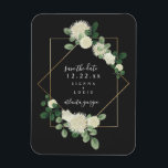 White Floral Botanical Grey Wedding Save The Date Magnet<br><div class="desc">An elegant wedding save the date featuring a watercolor inspired illustration of greenery and white flowers with a geometric frame over a dark grey background and white text.</div>