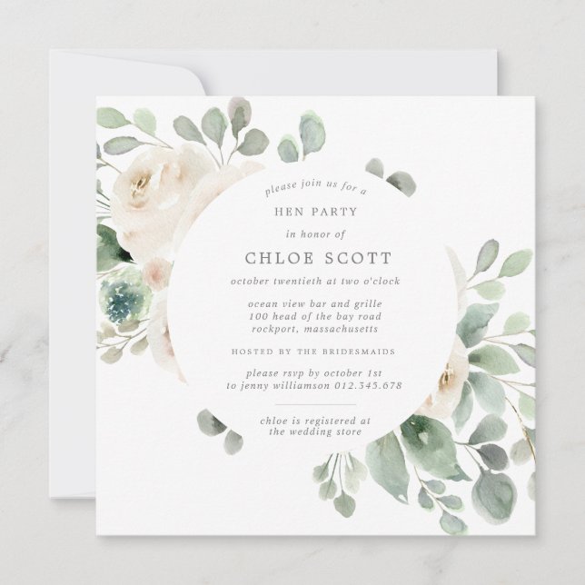 White Floral Botanical Hen Party Weekend Invite (Front)