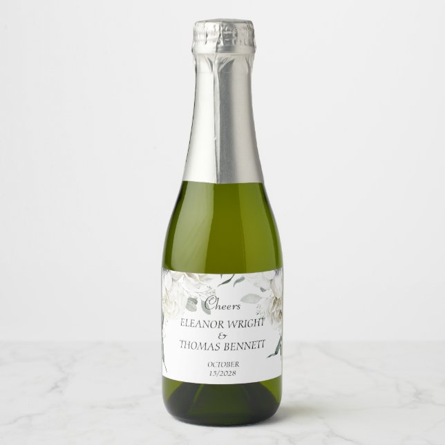 White Floral Botanical Mini Champagne Bottle Label (Front)