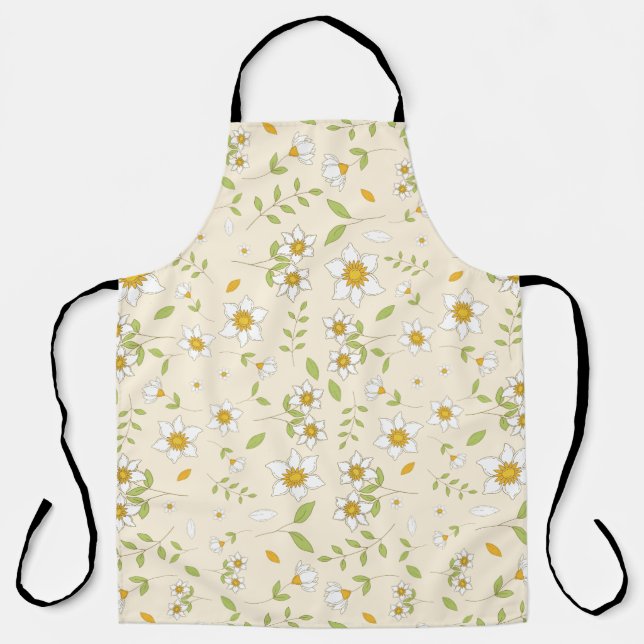 White Floral Botanical Pattern on Cream Apron (Front)
