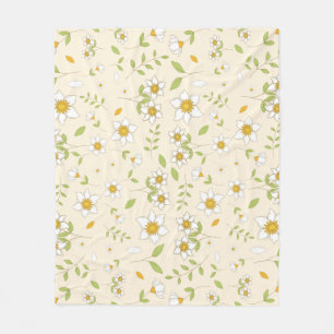 White Floral Botanical Pattern on Cream Fleece Blanket