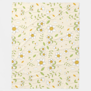 White Floral Botanical Pattern on Cream Fleece Blanket