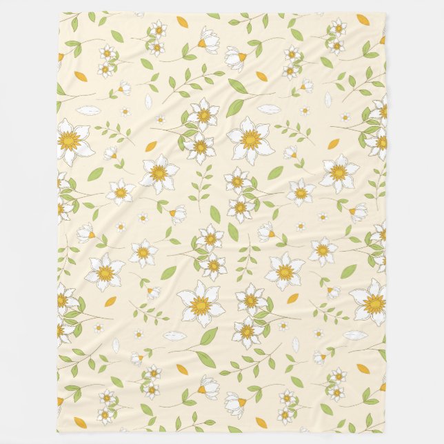 White Floral Botanical Pattern on Cream Fleece Blanket (Front)