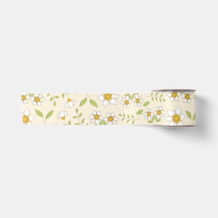 White Floral Botanical Pattern on Cream Satin Ribbon