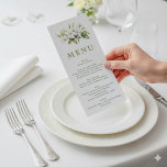 White Floral Botanical Wedding Menu Card<br><div class="desc">Add natural elegance to your wedding reception with this botanical menu card, featuring delicate white flowers and lush green foliage artfully arranged atop a crisp white background. The refined layout uses classic serif fonts for a sophisticated and easy to read presentation of your celebratory meal, from entrée to dessert. Perfect...</div>