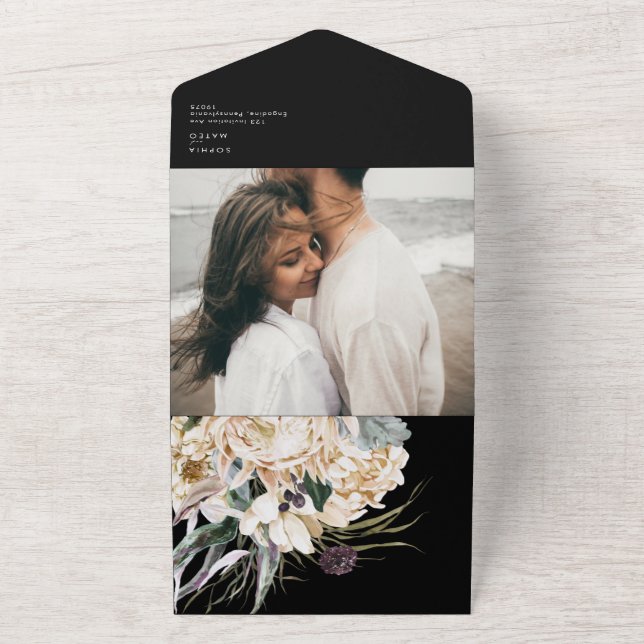 White Floral Bouquet | Black Photo Seal And Send All In One Invitation (Outside)