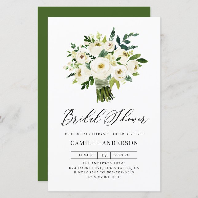 White Floral Bouquet Bridal Shower Invitation (Front/Back)