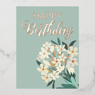 White Floral Bouquet / Happy Birthday Foil Holiday Postcard