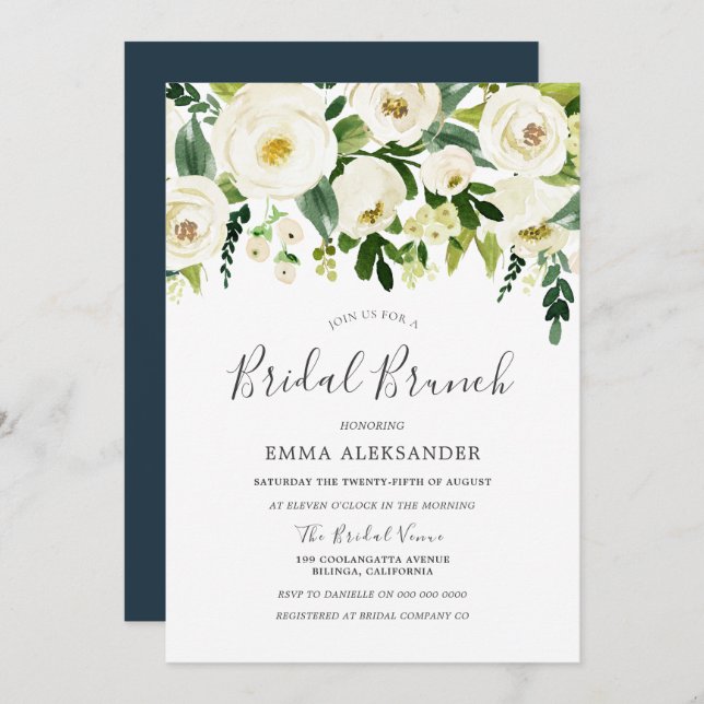 White Floral Bridal Shower Modern Brunch Invite (Front/Back)
