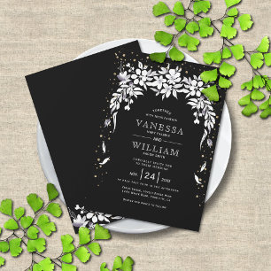 White floral cascading garland black white wedding invitation
