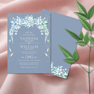 White floral cascading garland dusty blue wedding  invitation