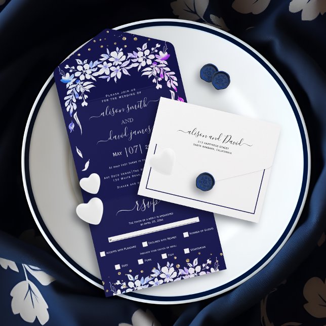 White floral cascading garland navy blue wedding  all in one invitation (Creator Uploaded)