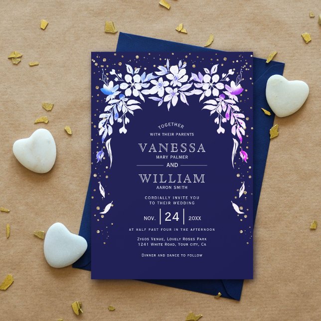 White floral cascading garland navy blue wedding   invitation (Creator Uploaded)