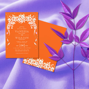 White floral cascading garland orange wedding invitation