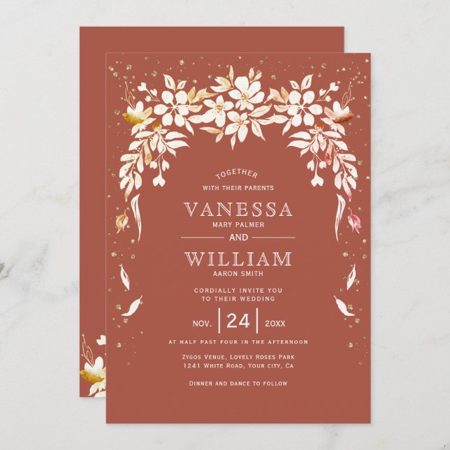 White floral cascading garland terracotta wedding invitation (Front/Back)