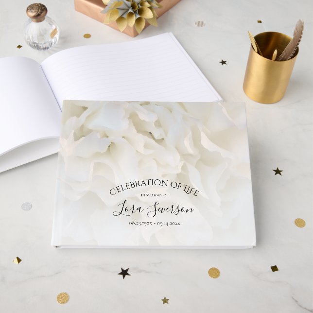 White Floral Celebration of Life Memorial Guest Book (Front Open)