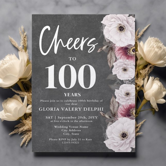 White Floral Chalkboard Cheers to 100th Birthday  Invitation (Creator Uploaded)