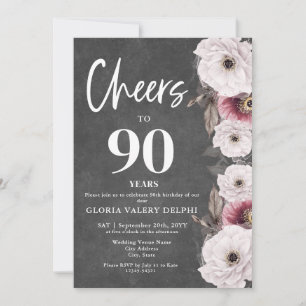 White Floral Chalkboard Cheers to 90th Birthday Invitation