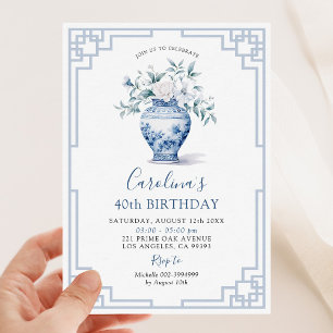 White Floral Chinoiserie Ginger Jar Birthday Invitation