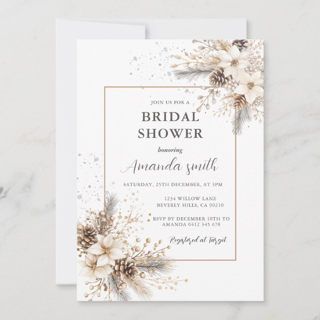 White Floral Christmas Bridal Shower Invitation (Front)