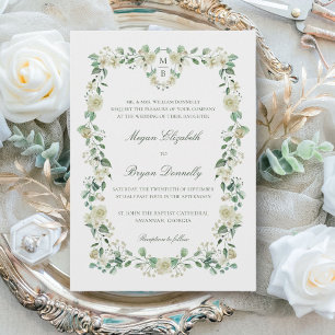 White Floral Crest & Monogram Elegant Wedding Invitation