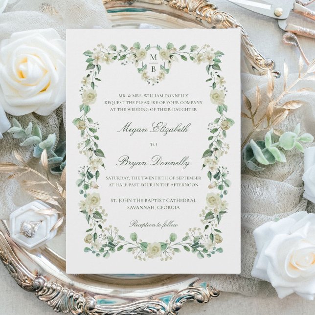 White Floral Crest & Monogram Elegant Wedding Invitation (This elegant, white floral wedding invitation features a crest with your monograms.)