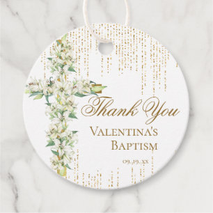 White Floral Cross Gold Glitter Script Thank You Favour Tags