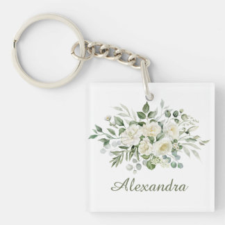 White Floral Custom Bridesmaid Favour Key Ring