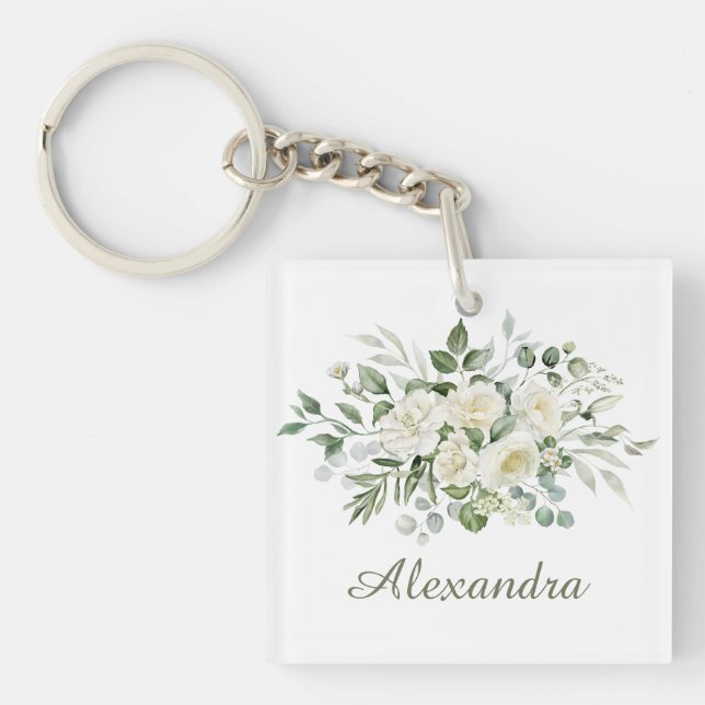 White Floral Custom Bridesmaid Favour  Key Ring (Front)