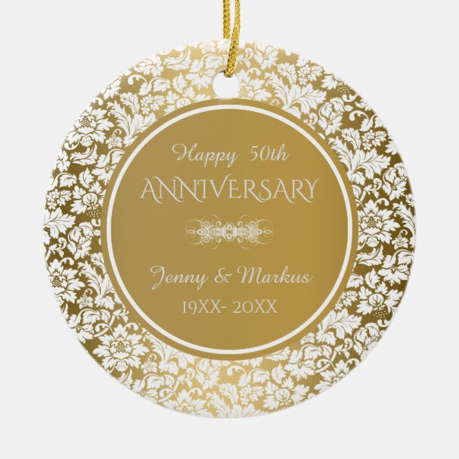 White Floral Damask- 50th Wedding Anniversary Ceramic Tree Decoration (Front)