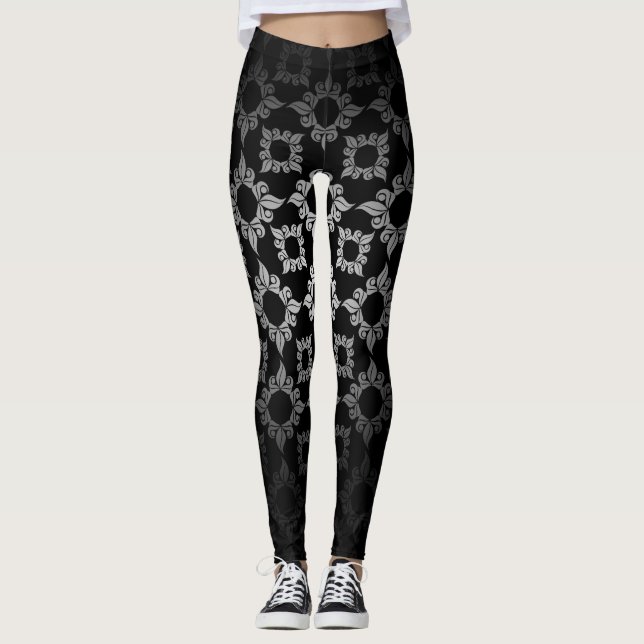 White Floral Damask Leggings (Front)