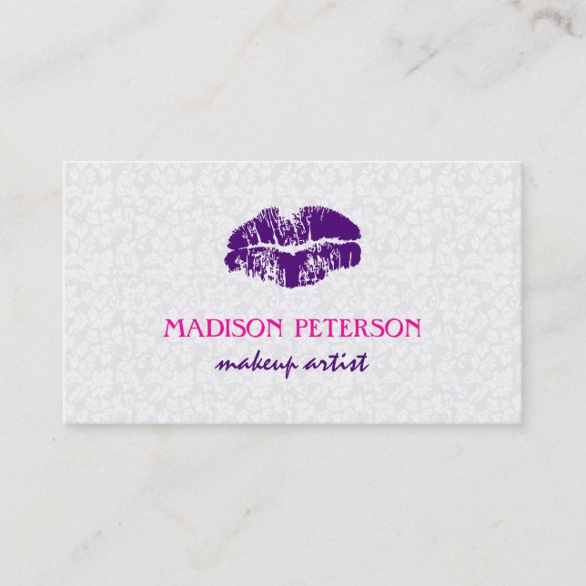 White Floral Damask Makeup Artist Design Business Card (Front)