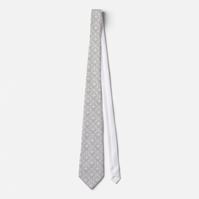 White Floral Damask Over Light Grey Background Tie (Front)