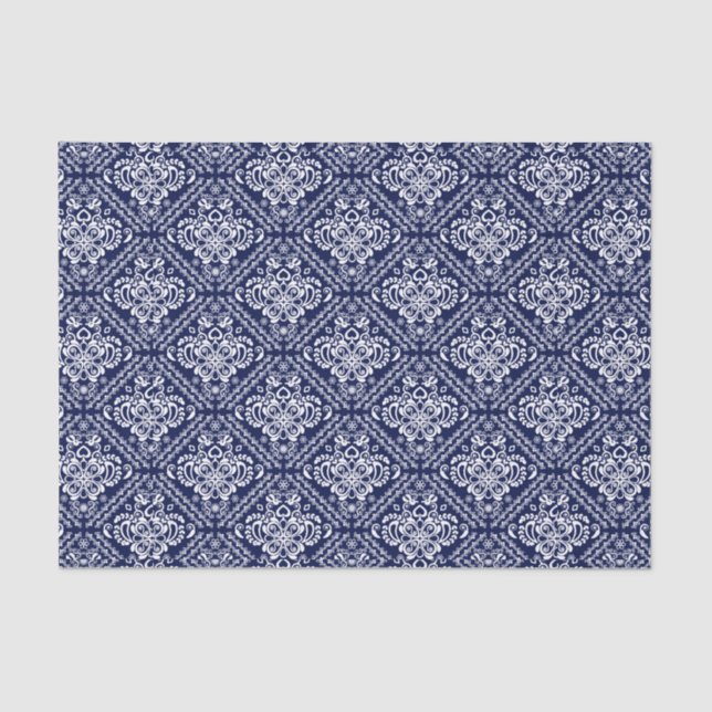 White Floral Damasks & Blue Background Tissue Paper (Front)
