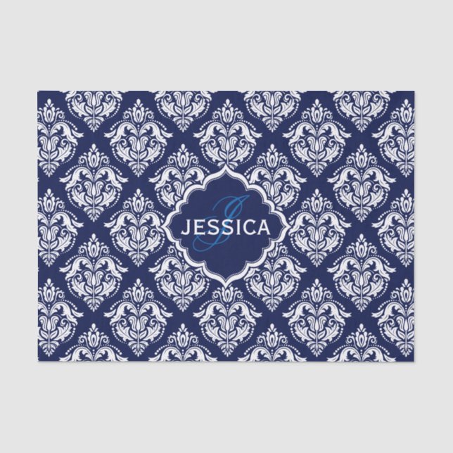 White Floral Damasks & Blue Background Tissue Paper (Front)