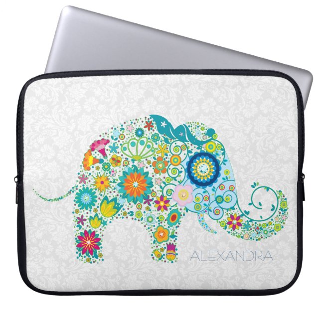 White Floral Damasks Colourful Floral Elephant Laptop Sleeve (Front)